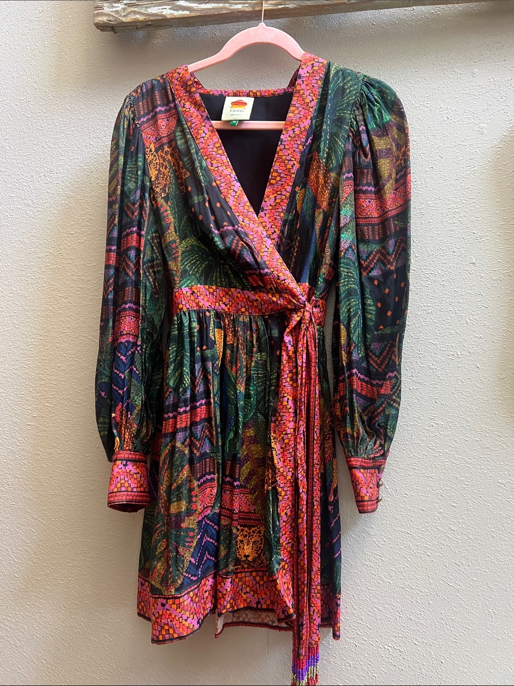 FARM Rio Multicolor Wrap Dress with Pink Trim